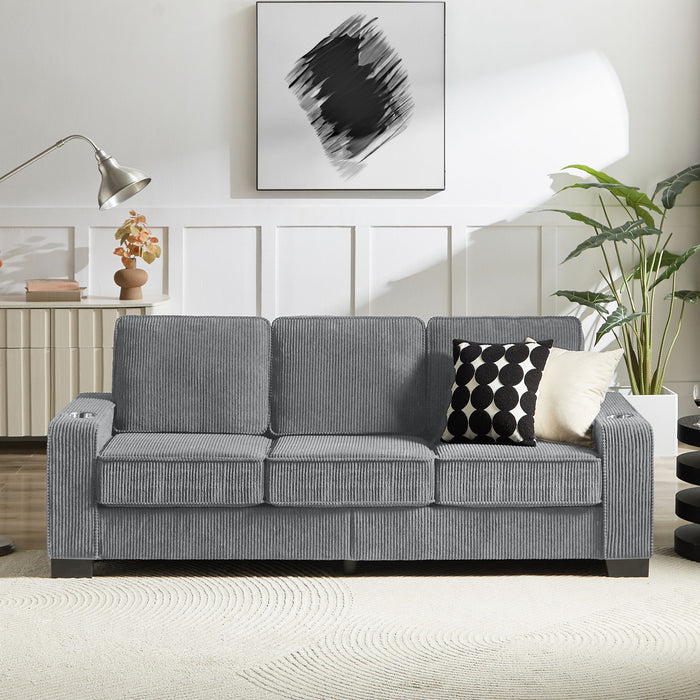 Modern Corduroy Fabric Sofa, 3 Seater Compressed Couch With Cup Holders