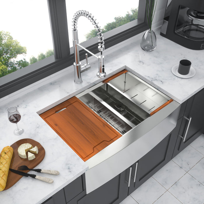 Double Bowl Farmhouse Sink Workstation 33" Stainless Steel 16 Gauge Apron Front - Black / Gray