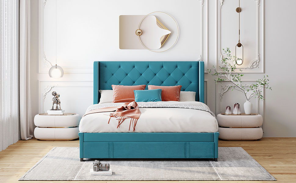 Storage Bed Velvet Upholstered Platform Bed With Wingback Headboard And A Big Drawer