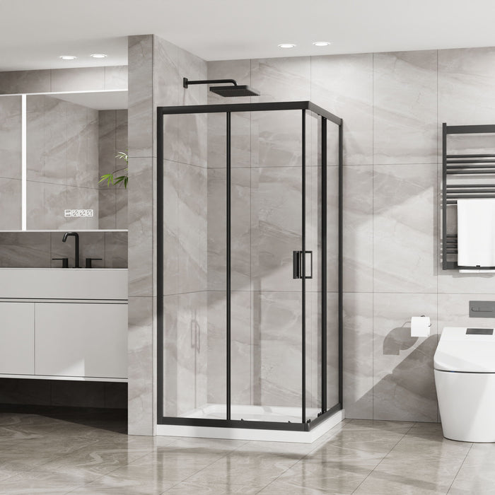 Corner Shower Enclosure, Double Sliding Door & Shower Base - Matte Black