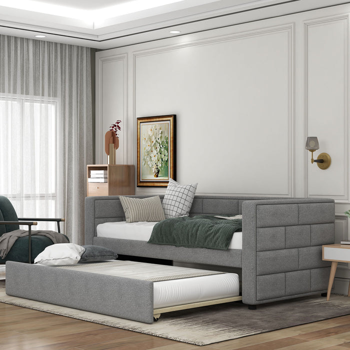 Upholstered Twin Size Daybed With Trundle, Padded Back And Sides - Gray