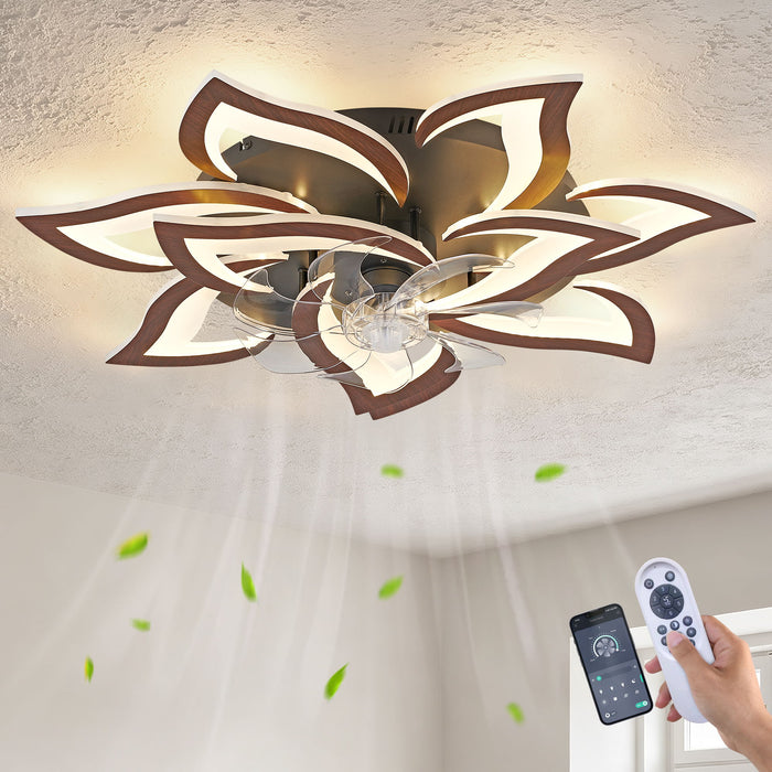32" Flower Ceiling Fan With LED Dimmable Light, Low Profile Flush Mount Fan With Remote Control, 6 Speeds