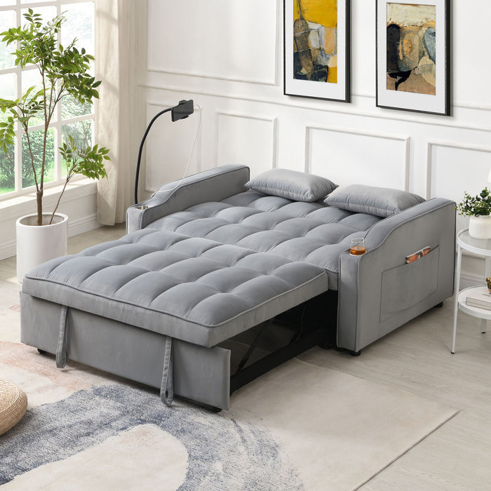 Modern Velvet Loveseat Futon Sofa With Pullout Bed, Adjustable Reclining Backrest, Toss Pillows
