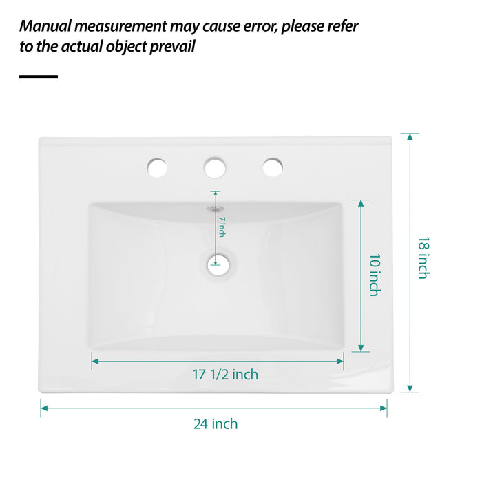 Rectangular Single Vanity Top With 3 Faucet Hole Sink - White