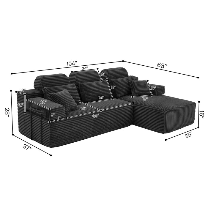 Sectional Sleeper Sofa & Storage Pockets, Modular Couch With Throw Pillows For Living Room