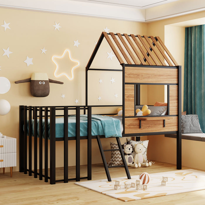 Loft Bed With Roof, Window, Guardrail, Ladder