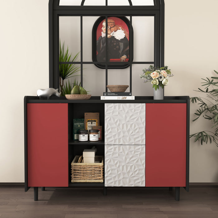 Modern Sideboard Buffet Cabinet With Red Doors And Unique Panel Styling
