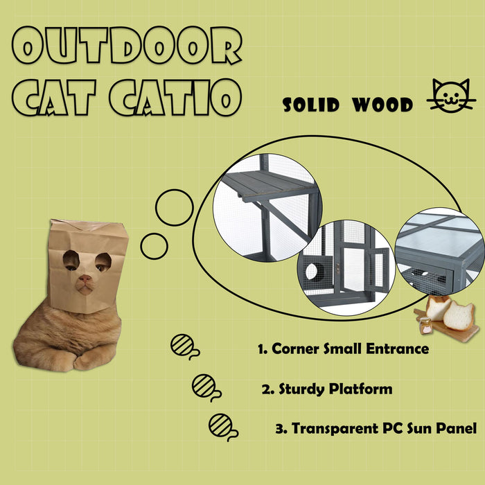 Outdoor Cat House With Shelves And Weather Protection, Removable Wood Boxes - Gray