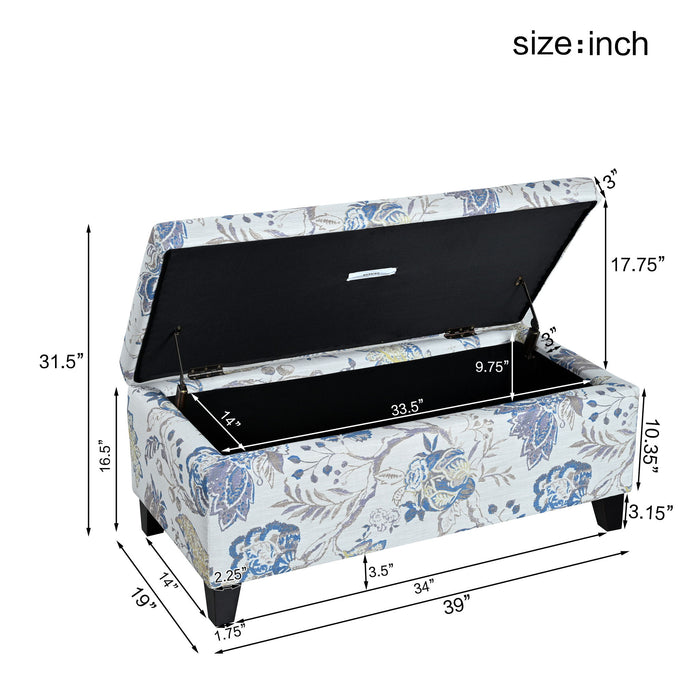 Luxury Storage Ottoman With Floral Patterned Fabric, Soft Close Hinges, Functional Footrest & Seat - Blue Flower / Blue Multi
