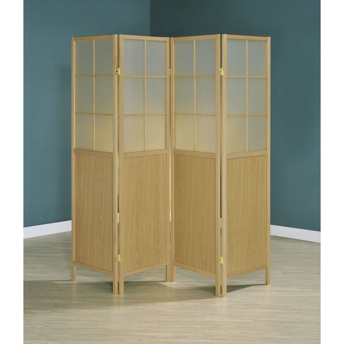 Gabby - 4 Panel Divider Folding Shoji Screen With Windowpane Details - Natural
