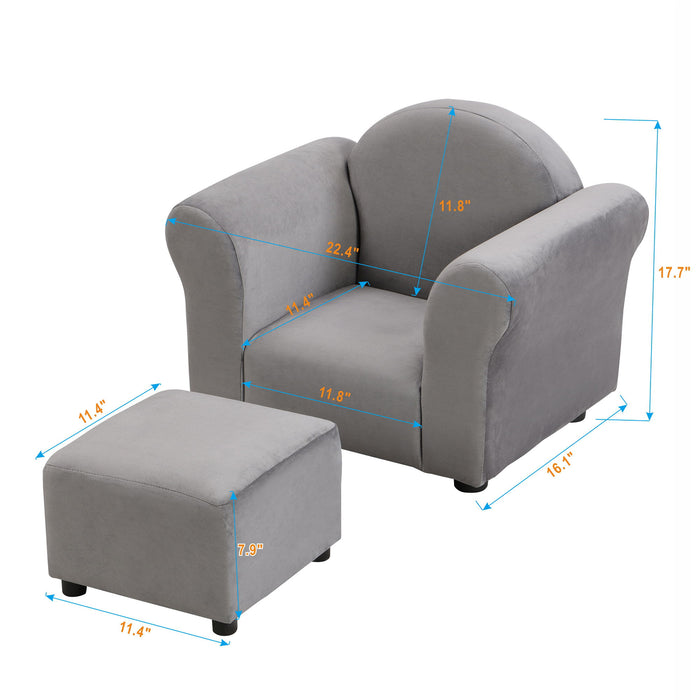 Kids Velvet Upholstered Chair With Ottoman For Comfortable Seating - Gray