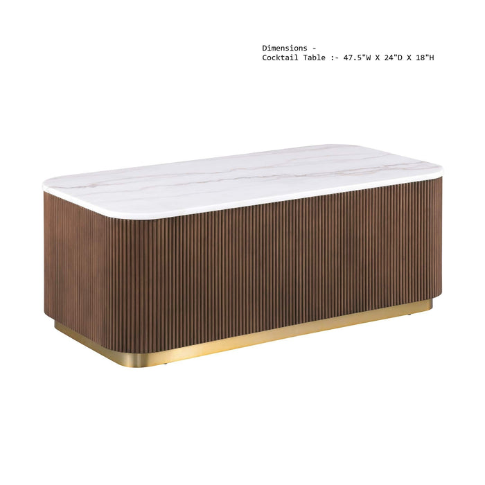 3 Piece Table Set (Rectangle Cocktail Table And Two Square End Tables) - Brown / Gold / White