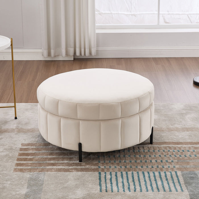 Upholstered Round Ottoman With Reversible Lid, Channel Tufted Pumpkin Shape