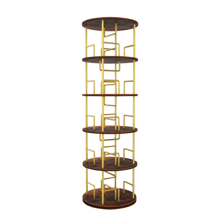 5 Tier 360 Rotating Bookshelf, Display Round Floor Standing Swivel Bookcase For Bedroom - Golden