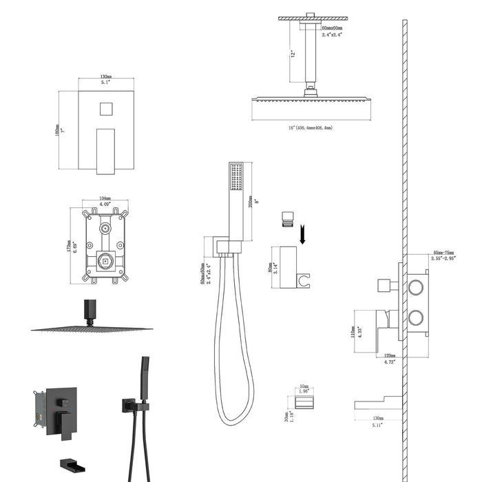 16" Ceiling Mount Square Shower System With Waterfall Tub Spout And Rough In Valve