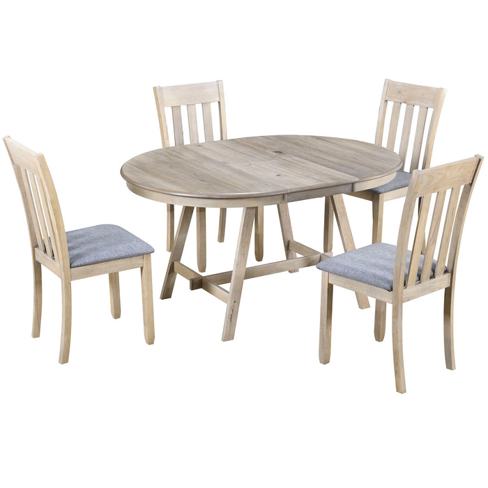 5 Piece Wood Dining Table Set With Extendable Round Table And 4 Chairs