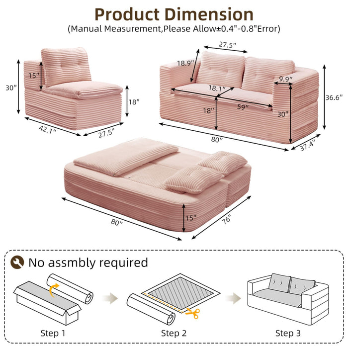 Multi Functional Sectional Sofa Bed With Independent Chaise Lounge And Functional Blanket, Convertible King Size Bed, Deep Seat - Baby Pink