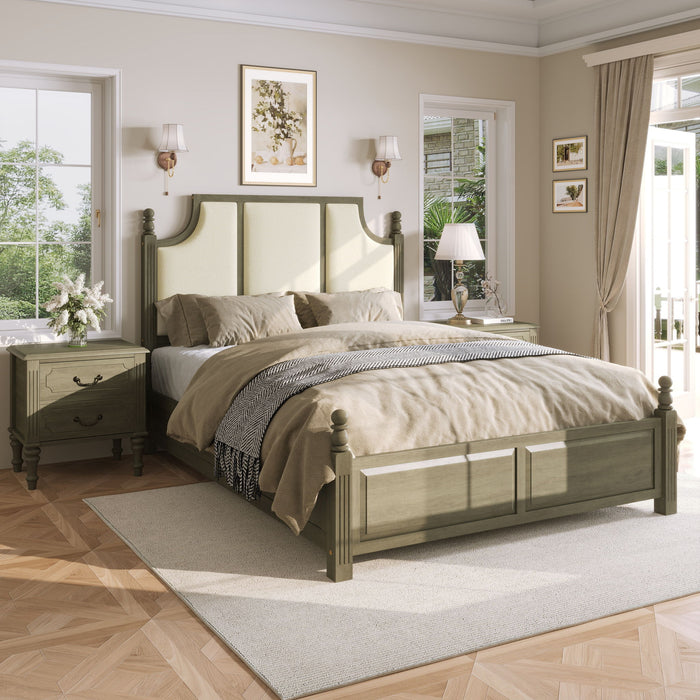 Farmhouse Platform Bed Frame & Tall Upholstered Headboard
