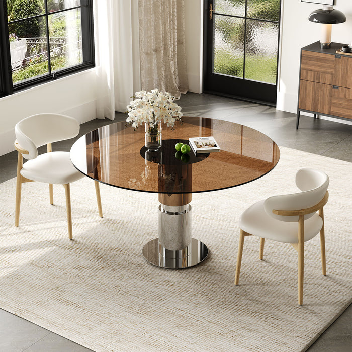 Round Dining Table & Tempered Glass Top - Brown