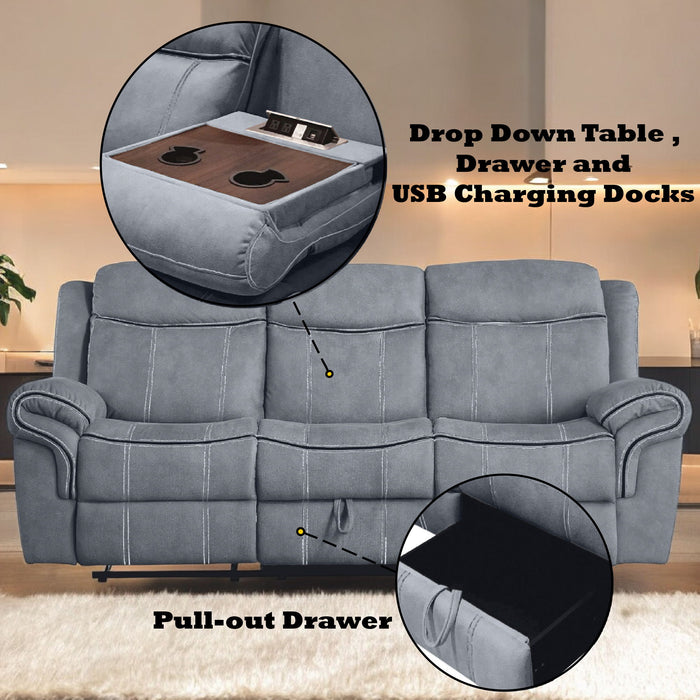 Zubaida - Two Tone Velvet Recliner Sofa With USB Port Drop Down Table