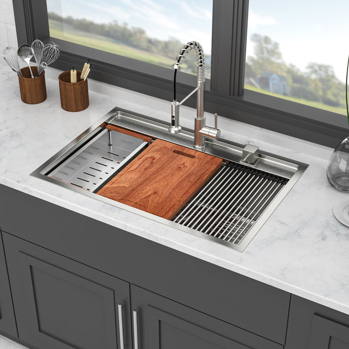 33" Drop In Kitchen Sink With Workstation, 16 Gauge Stainless Steel - Brushed Nickel