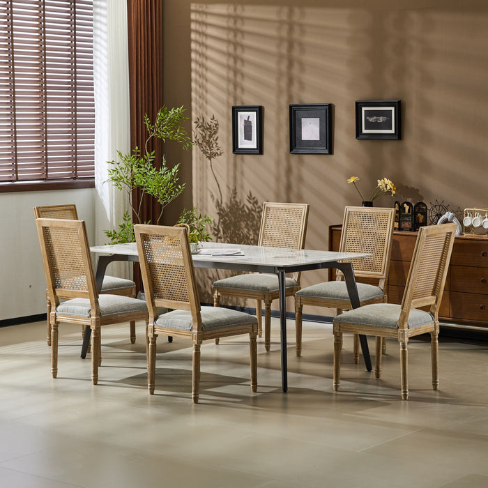 French Country Dining Chair With Rectangular Cane Backrest And Smooth Upholstered Seating