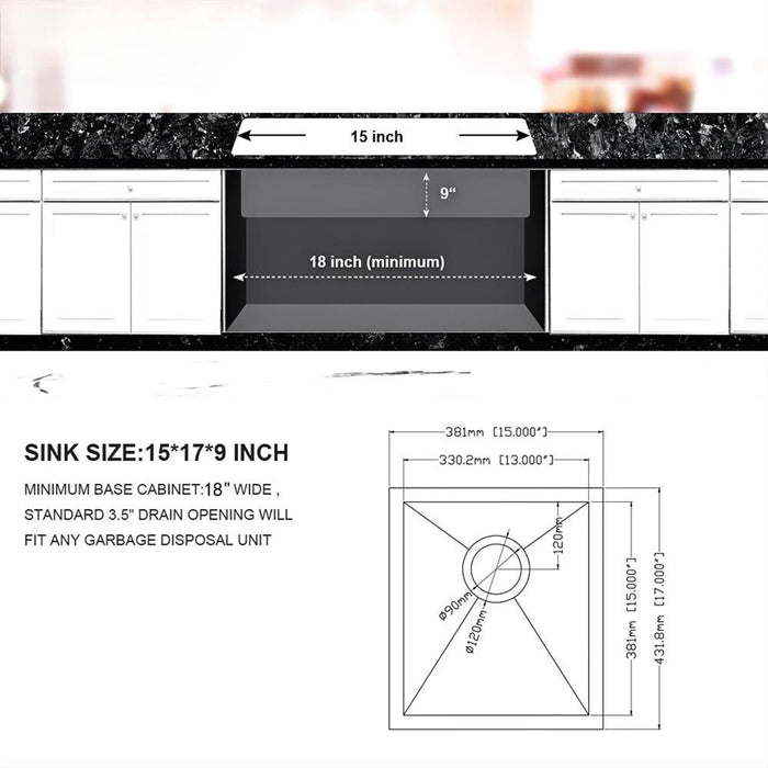 Undermount Stainless Steel Kitchen Sink, Deep Single Bowl Basin