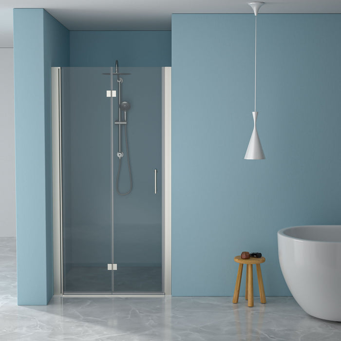 Bi Fold Frameless Shower Door With Tempered Glass - Brushed Silver