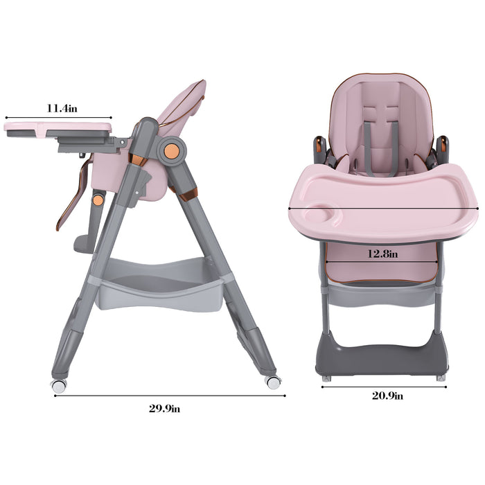 Adjustable Baby High Chair 0-6 Years, Portable Infant Feeding Seat With Safety Belt, Silent Lockable Wheels
