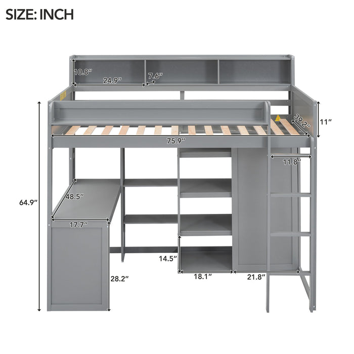 Loft Bed With Built In Desk, Storage Shelves, And Wardrobe