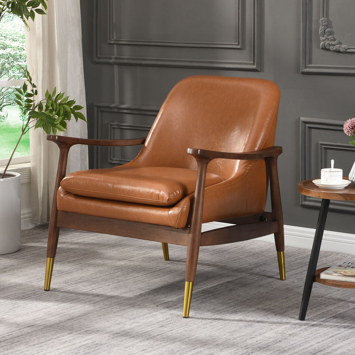Mid - Century Accent Chair With Cushioned Seat, Brass Tipped Legs