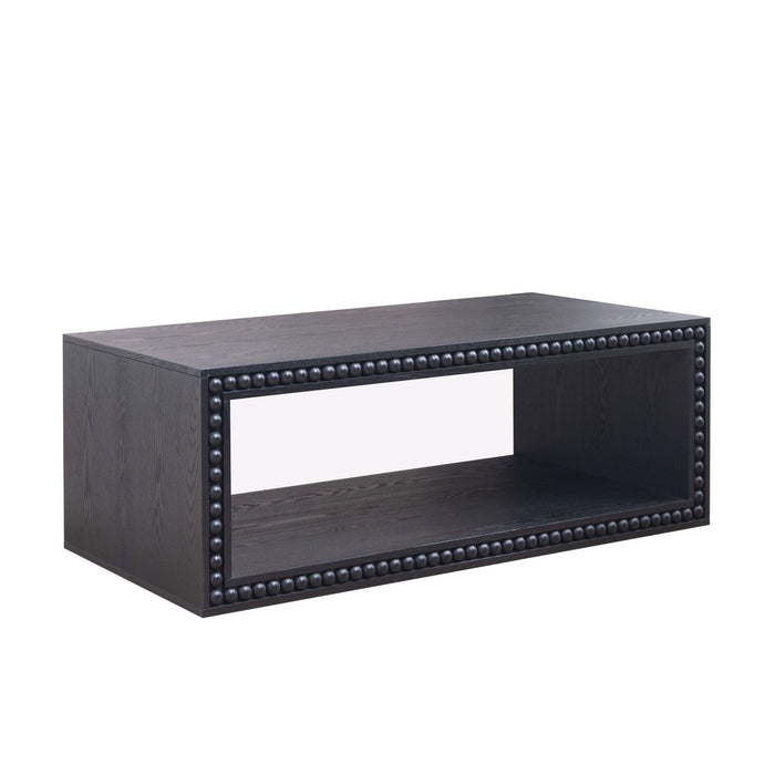 Beaded Edge Coffee Table, Rectangular Center Table With Open Storage Shelf - Black