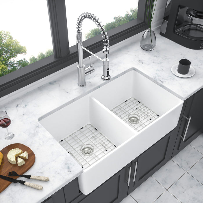 Double Bowl Apron Front Kitchen Sink 32", Sturdy And With Scratch Resistant - White