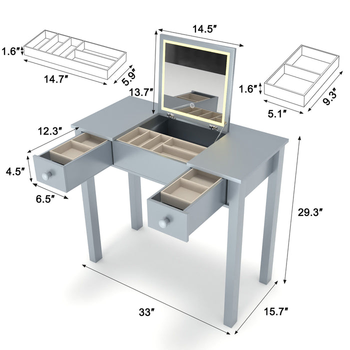 Vanity Table With LED Lights, Flip-Top Mirror And 2 Drawers, Jewelry Storage