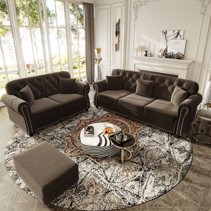 Upholstered Sofa Set With Nailhead Trim And Rolled Armrests, Includes Pillows