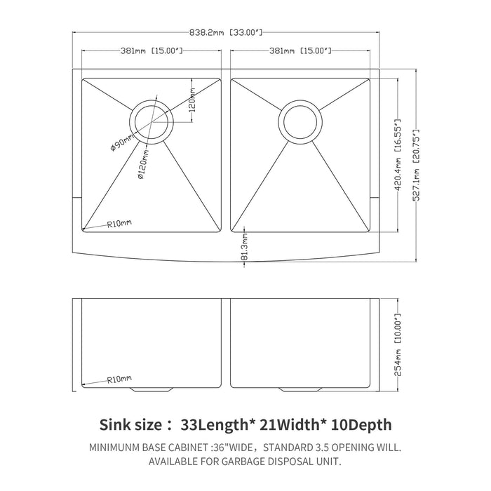 Double Bowl Farmhouse Sink, Stainless Steel Apron Front Kitchen Sink 16 Gauge - Brushed Nickel