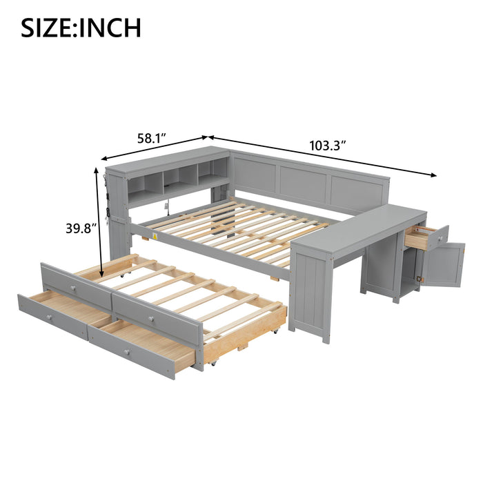 Daybed With Storage Shelves, Drawers, Trundle, Charging Station, LED Light, Desk And Cabinet