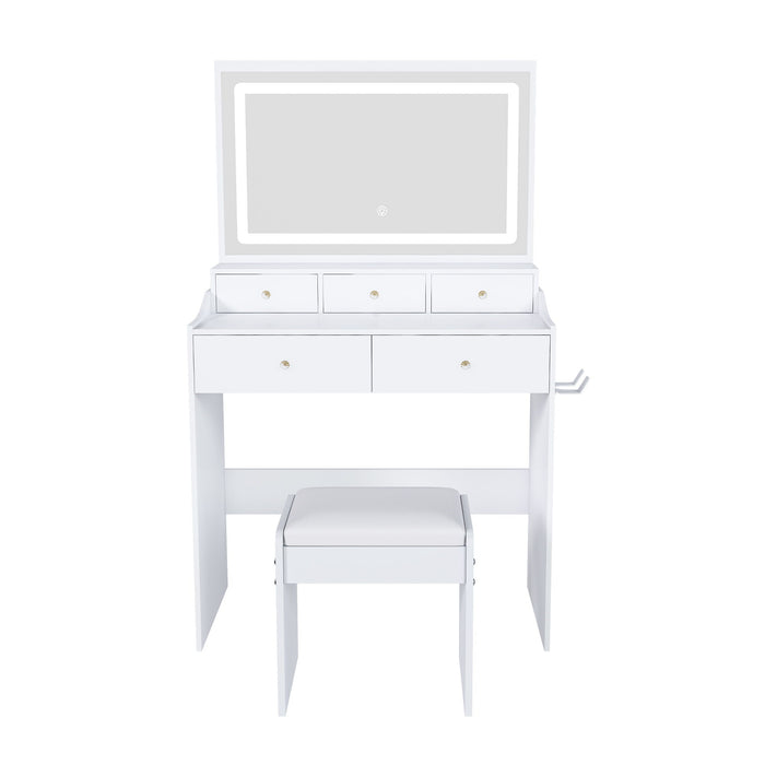 Modern Makeup Vanity Set With Power Outlet, Hair Dryer Holder, And Adjustable Lighting