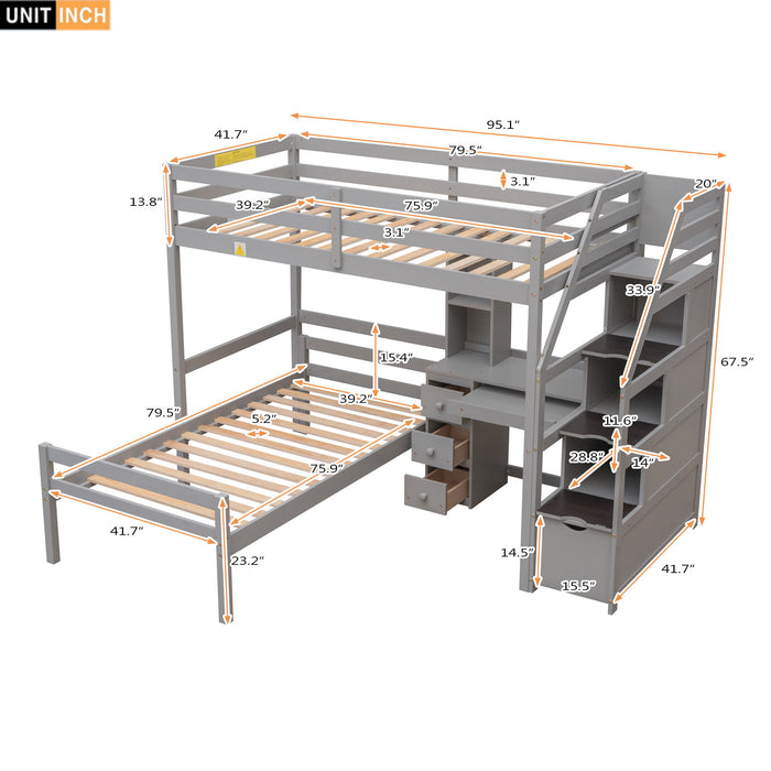 Loft Bed With Stand Alone Bed, Storage Staircase, Desk, Shelves, And Drawers