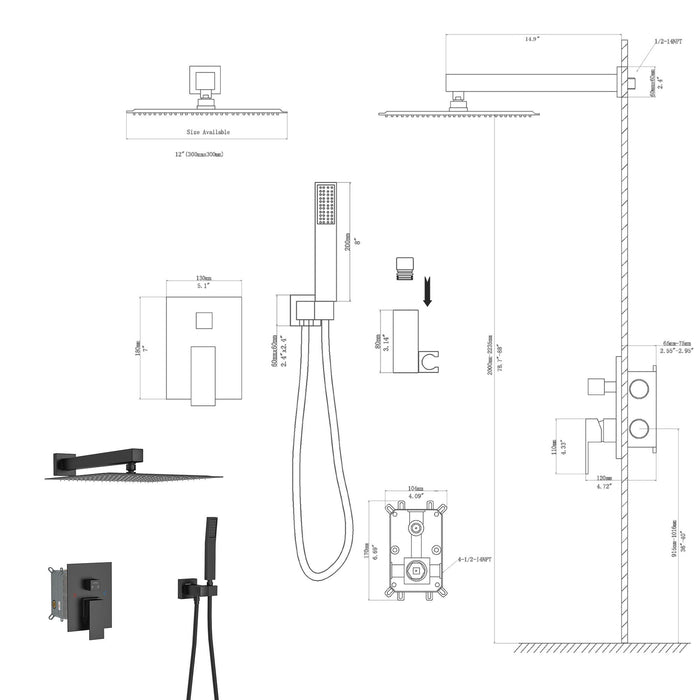 Dual Shower Head System With 12" Square Rain Shower And Rough In Valve