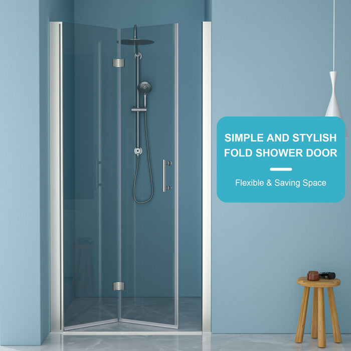 Fold Frameless Shower Door & Tempered Glass - Brushed Silver