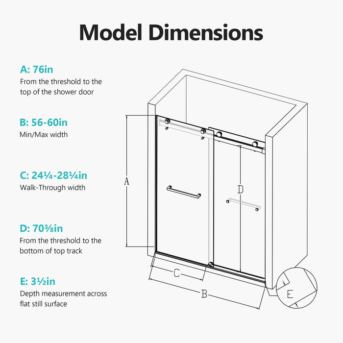 Frameless Double Sliding Soft Close Shower Door, Tempered Glass