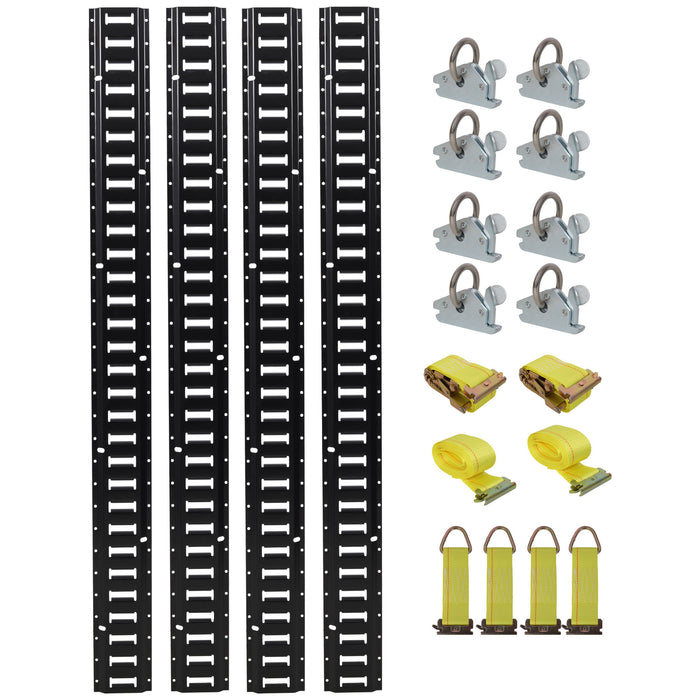 18 Pieces E Track Tie-Down Rail Kit For Trucks, Vans, And Garages With O-Ring Anchors And Ratchet Straps - Black