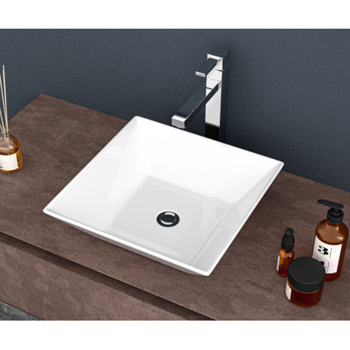 16" 6" Modern European Square Vessel Sink Glossy Porcelain Bathroom Vanity Top Above Counter Ceramic Basin - White