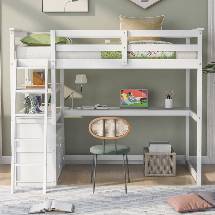 Modern Loft Bed With Built In Desk, Shelves, And 2 Drawers