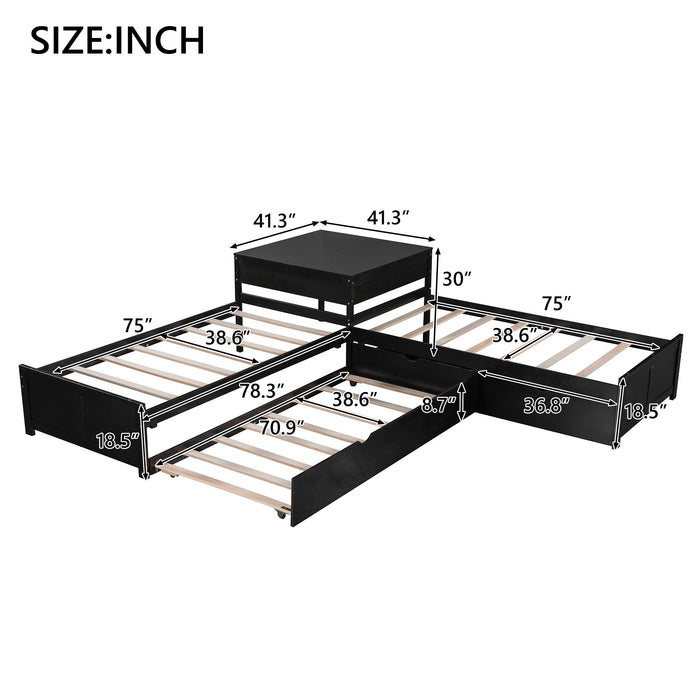 L Shaped Platform Bed With Trundle And Drawers Linked With Built In Desk