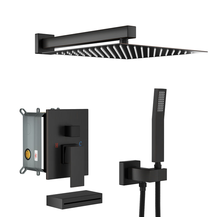 Square Shower System With Waterfall Tub Spout And Rough In Valve, Wall Mounted