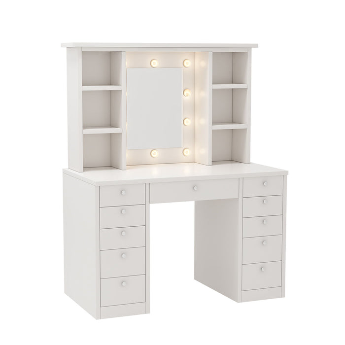 Vanity Desk With LED Lighted Mirror, Makeup Vanity With 11 Drawers, Adjustable Lighting - White