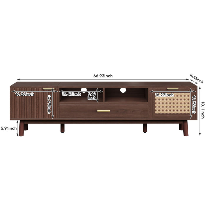 TV Stand For 75" TVs With Soft Closing Doors, Console With Accents And Drop Down Cabinet - Dark Brown