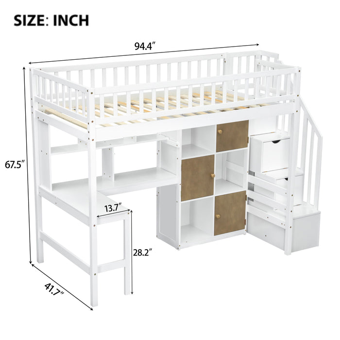 Loft Bed With Built In L Shaped Desk, LED Lights, Storage Shelves, Cabinets, And Staircase